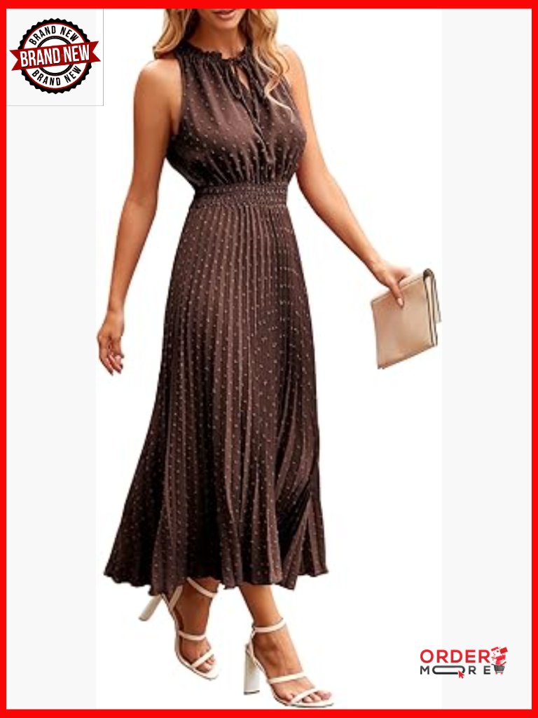 Swiss Dot Midi Dress V Neck Sleeveless A Line Ruffle Beach